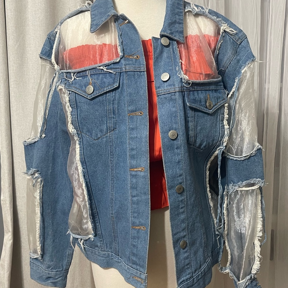 Denim And Sheer Patchwork Jacket - image 1